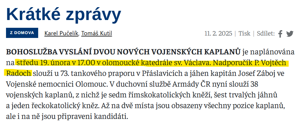 Vyslání nových vojenských kaplanů